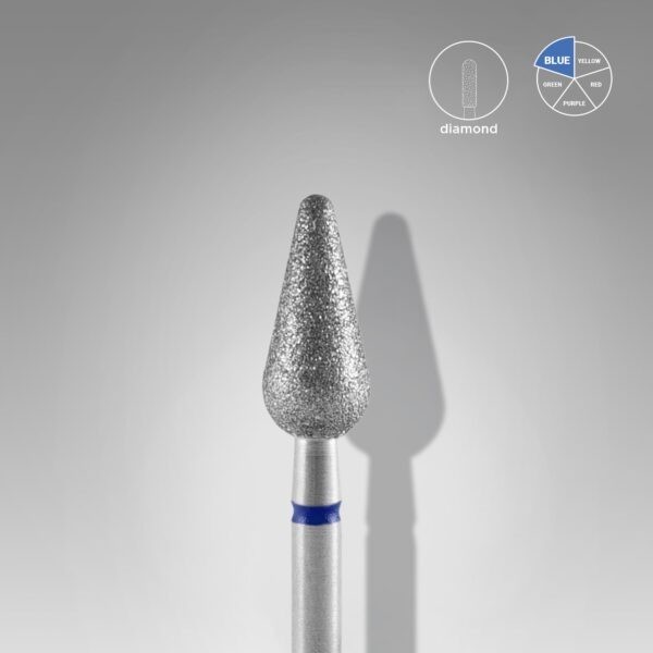 Diamantový brusný nástavec na nehty – zaoblená hruška, modrý, EXPERT Průměr hlavy: 5 mm / pracovní část: 12 mm